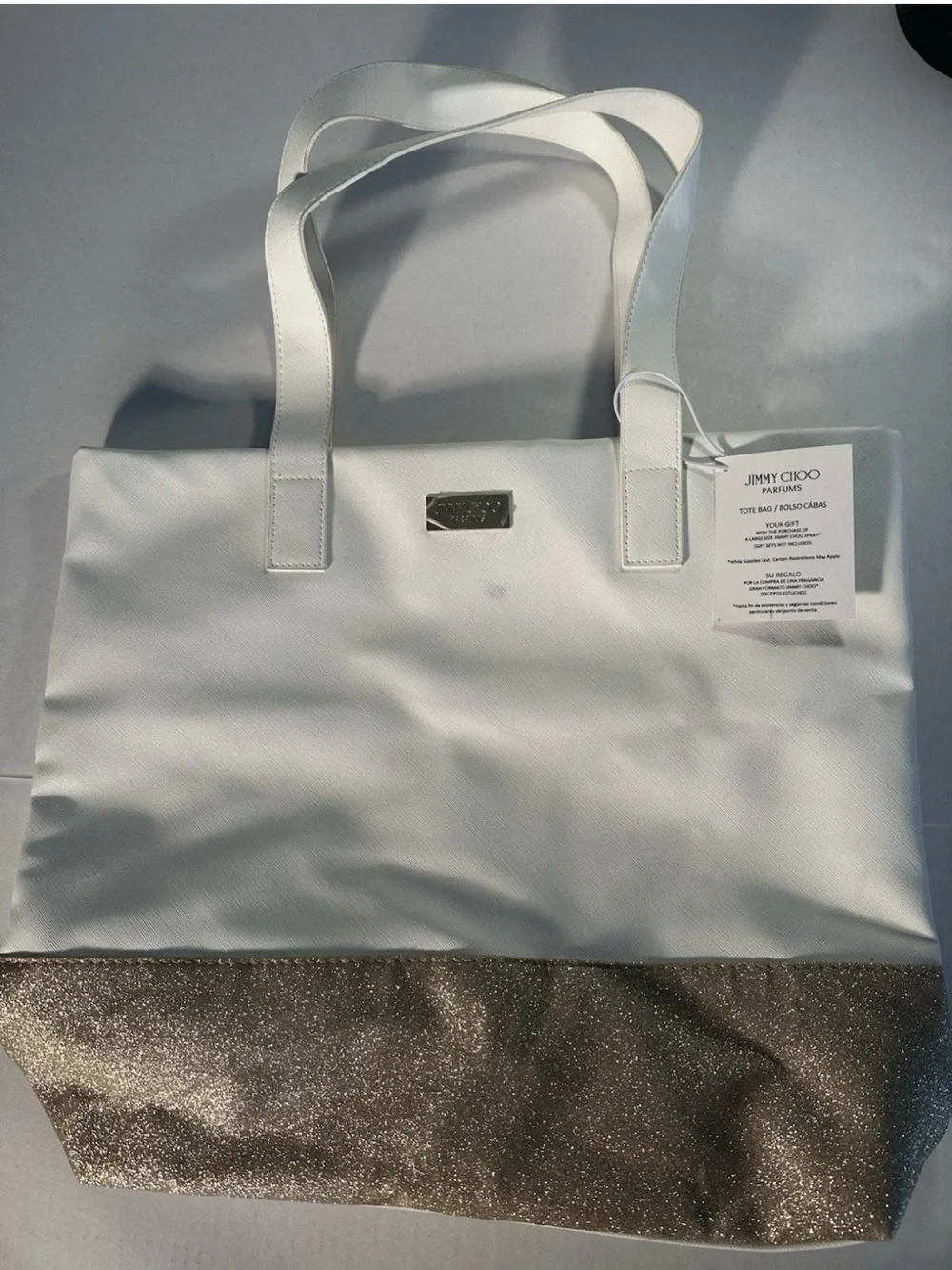 Jimmy Choo White and Gold Glitter Bottom Tote